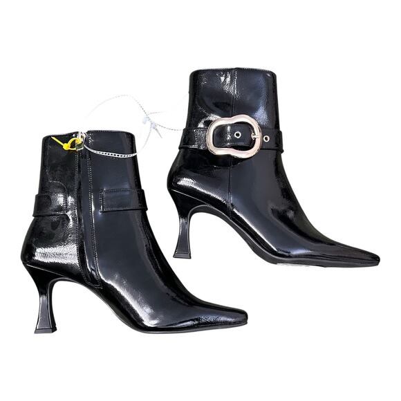 NWOB Gb Gianni Bini Sz 8M Face-Card Patent Oversized Buckle Heeled Bootie Black - Picture 3 of 16